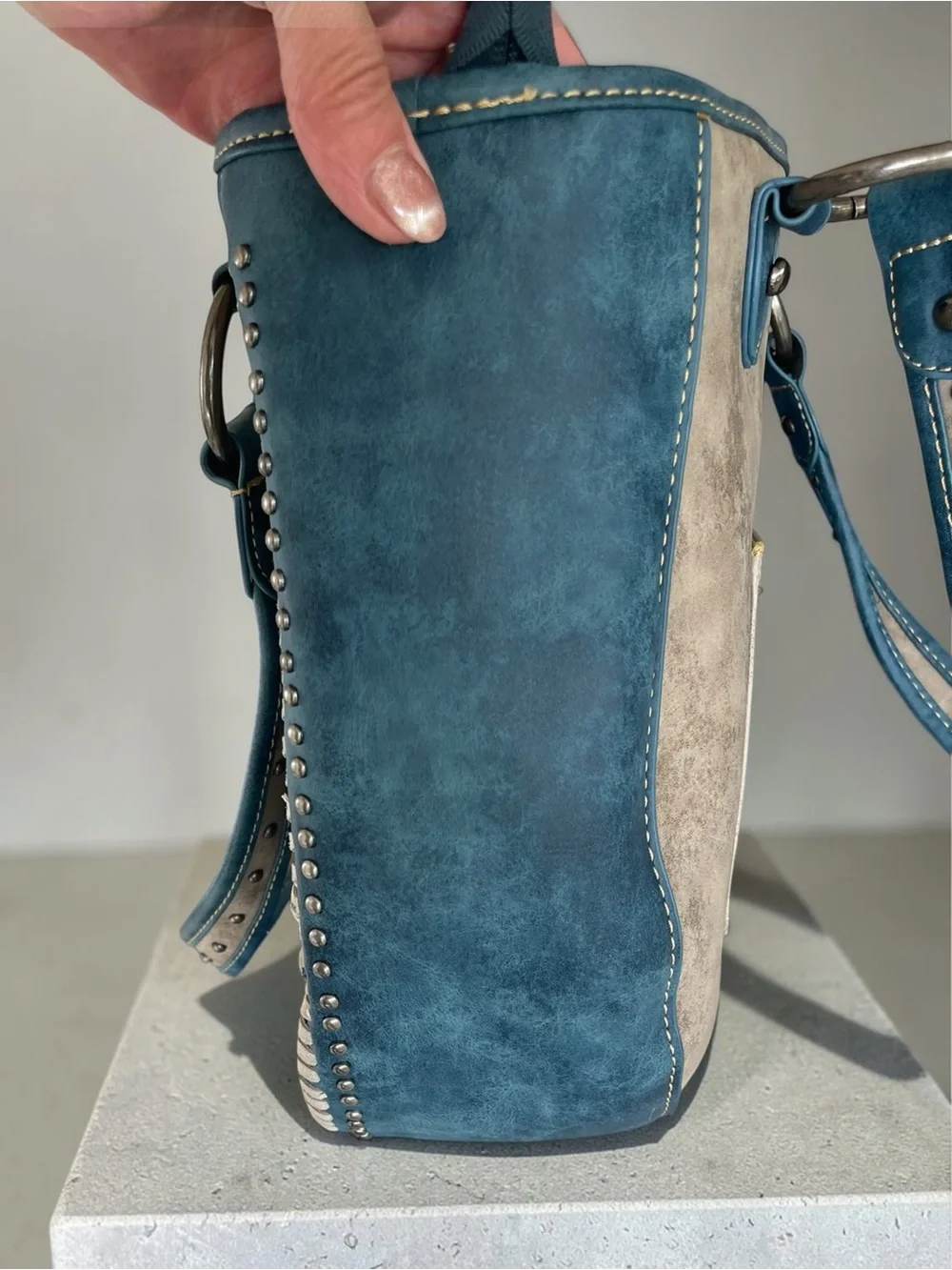 NWOT Montana West Turquoise Tooled Faux Leather Studded Western Tote Handbag